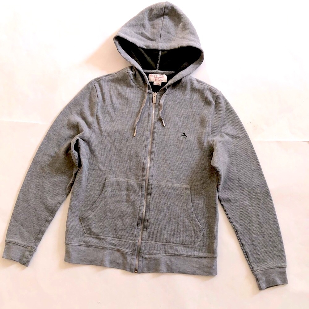 Penguin L Sweater Hoodie Grey Zipper Kanga Pockets Waffle Knit w Stick Pete Logo
